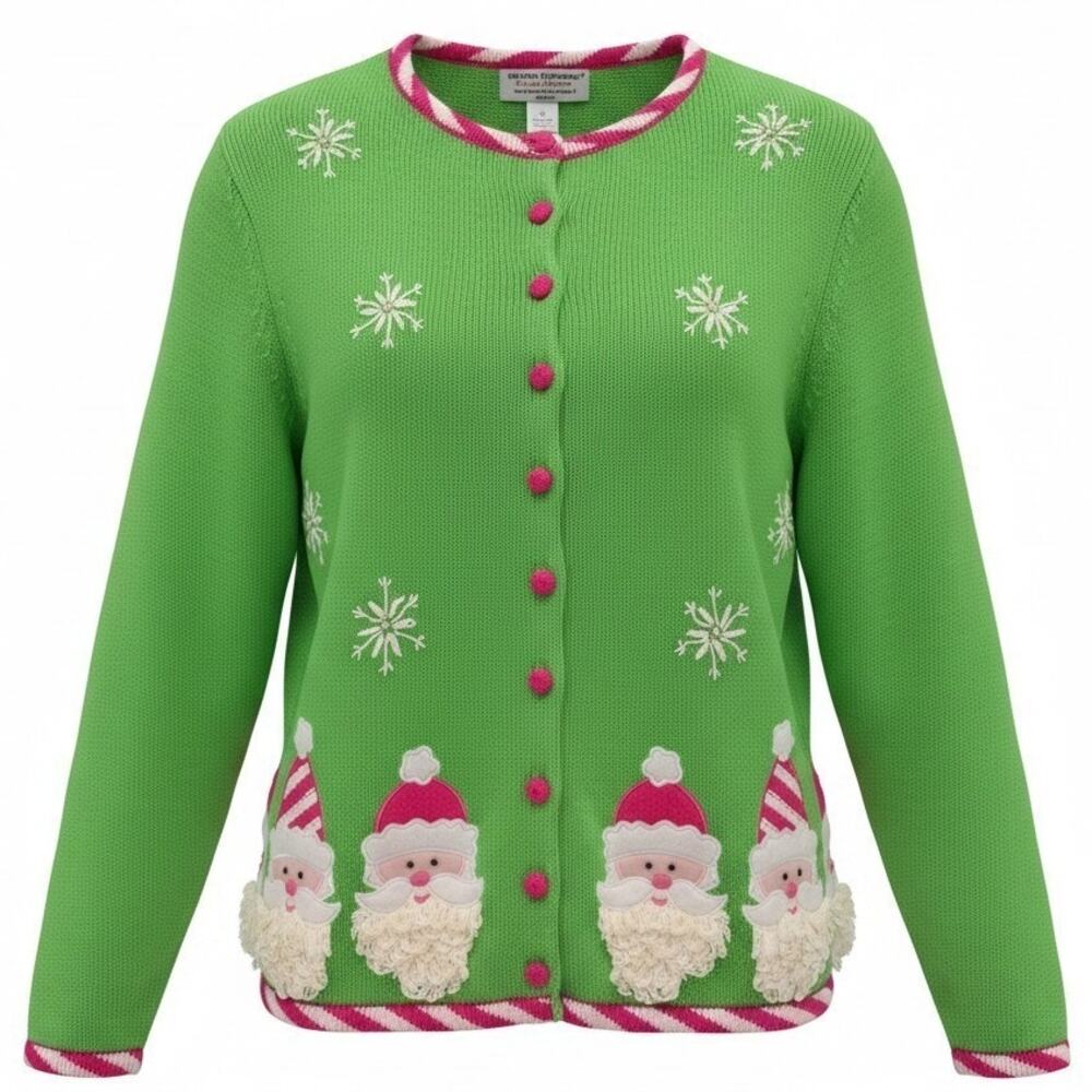 VTG Heirloom Collectibles 2XL Green Santa Claus Christmas Cardigan Sweater